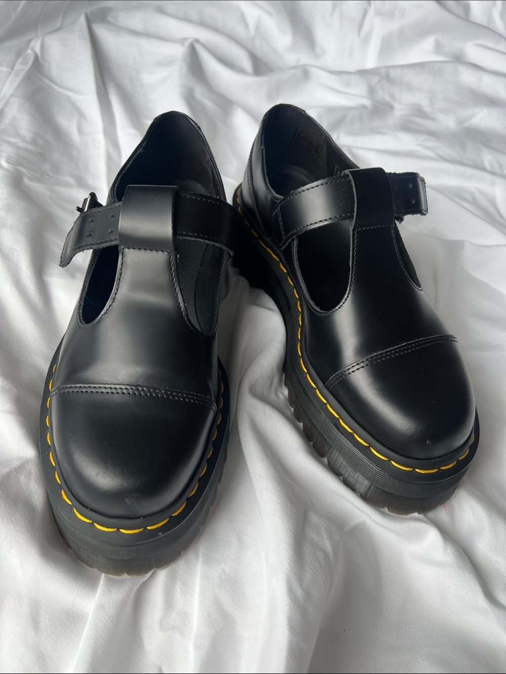 New! Dr. Martens Black Leather Mary Jane Shoes with Yellow Stitching